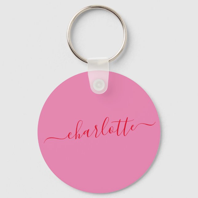 Elegant Pink Red Script Modern Name Personalized Key Ring (Front)