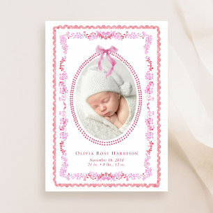 Elegant Pink Red Watercolor Frame Photo Girl Birth Announcement