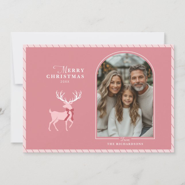 Elegant Pink Reindeer Photo Christmas Card (Front)
