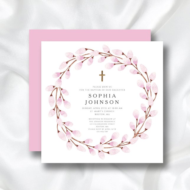 Elegant Pink Religious Cross Baptism Invitation (Elegant Pink Religious Cross Baptism Invitation)