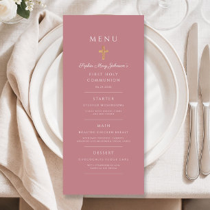Elegant Pink Religious Cross First Communion Menu