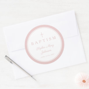 Elegant Pink Religious Cross Girl Baptism  Classic Round Sticker