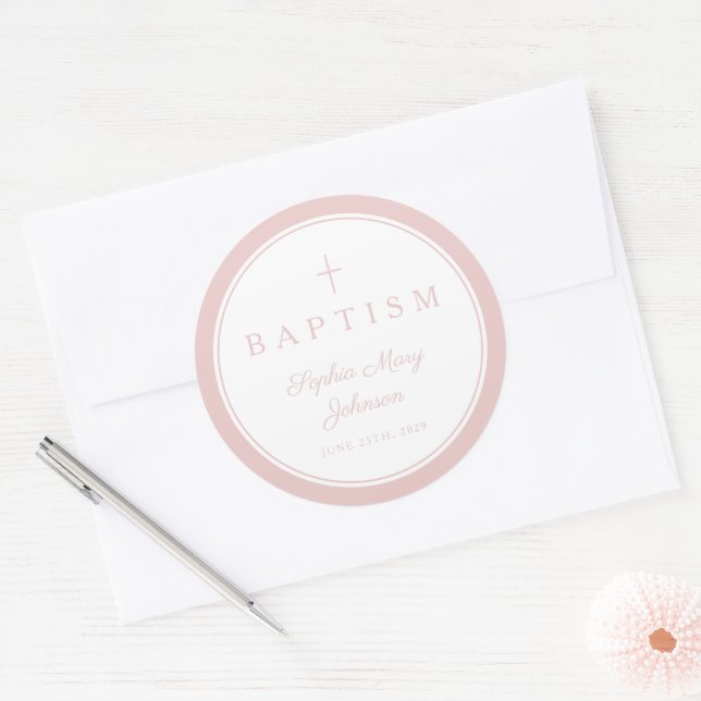 Elegant Pink Religious Cross Girl Baptism  Classic Round Sticker (Envelope)