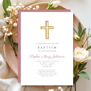Elegant Pink Religious Cross Girl Baptism Invitation