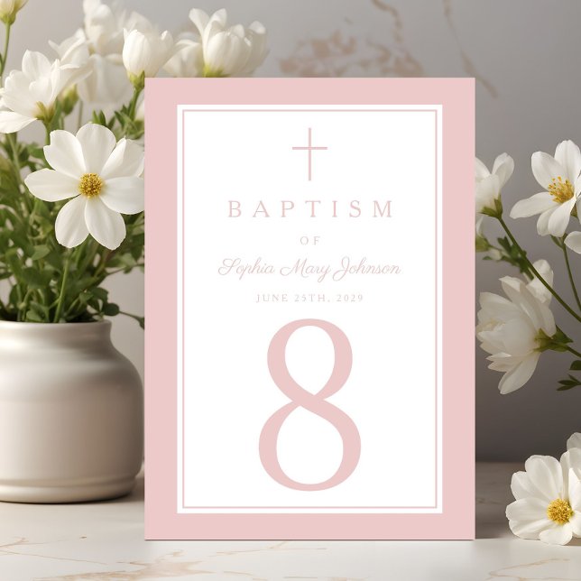 Elegant Pink Religious Cross Girl Baptism Table Number (Elegant Pink Religious Cross Girl Baptism Table Number)