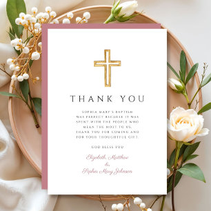 Elegant Pink Religious Cross Girl Baptism  Thank You Card