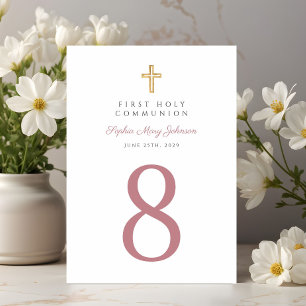 Elegant Pink Religious Cross Girl First Communion Table Number