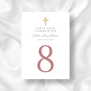 Elegant Pink Religious Cross Girl First Communion Table Number