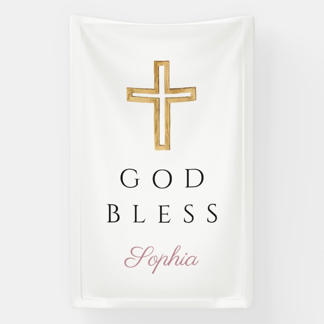 Elegant Pink Religious Cross Girl God Bless Banner (Vertical)