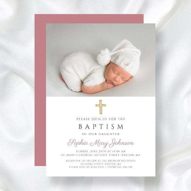 Elegant Pink Religious Cross Girl Photo Baptism Invitation (Elegant Pink Religious Cross Girl Photo Baptism Invitation)