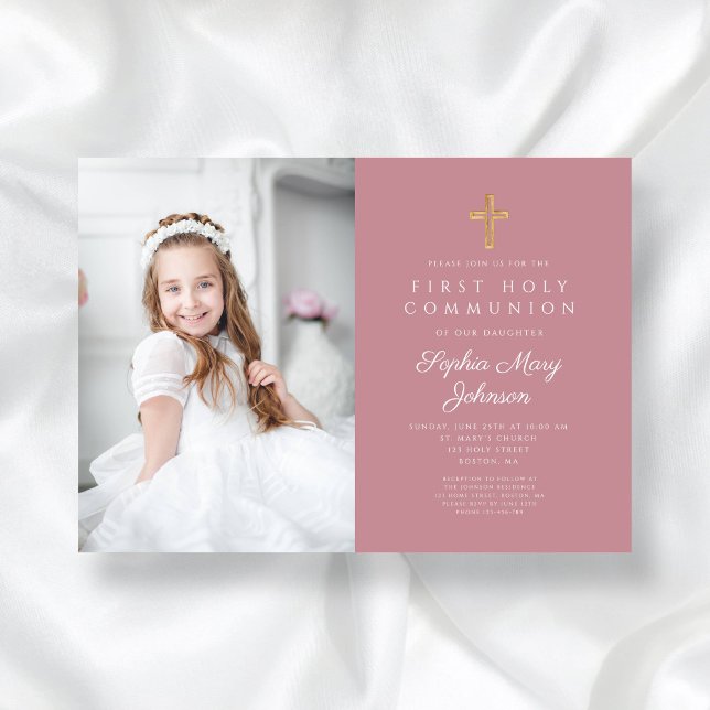 Elegant Pink Religious Girl Photo First Communion Invitation (Pink Religious Cross Girl First Communion Photo Invitation)
