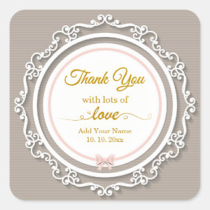 Elegant Pink Ribbon and Gold Wedding Thank You Square Sticker