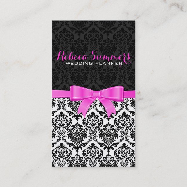 Elegant Pink Ribbon Black & White Damasks 2 Business Card (Front)