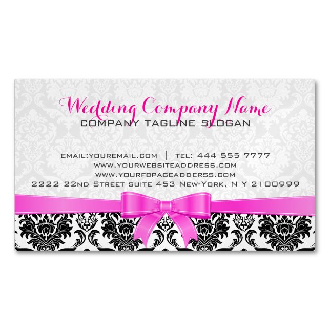 Elegant Pink Ribbon Black & White Damasks 2 Magnetic Business Card (Front)