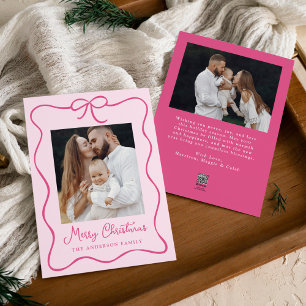Elegant Pink Ribbon Bow 2 Photo Holiday Card