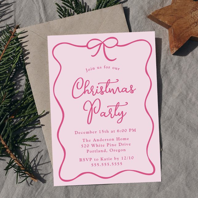 Elegant Pink Ribbon Bow Christmas Party Invitation (Creator Uploaded)