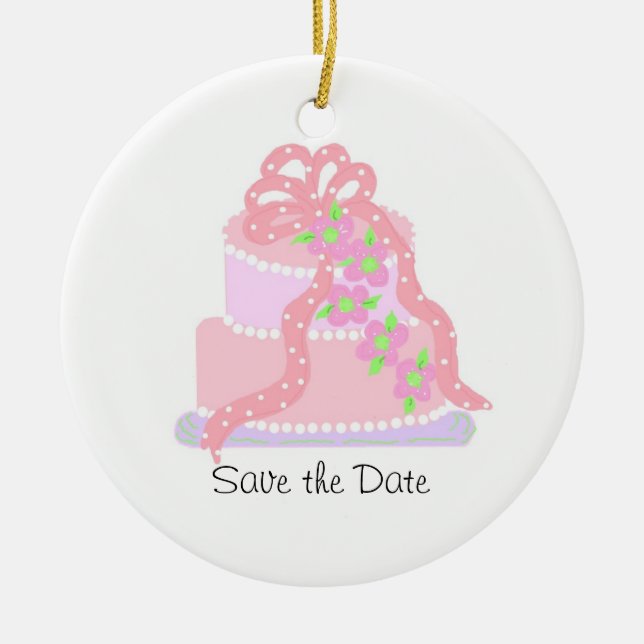 Elegant Pink Ribbon Cake Save the Date Ceramic Ornament (Front)