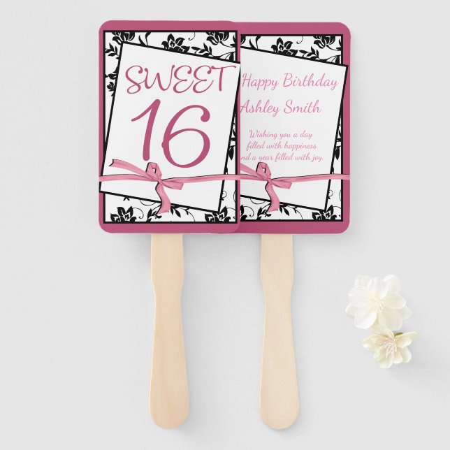 elegant pink ribbon sweet 16 hand fan (Front and Back)