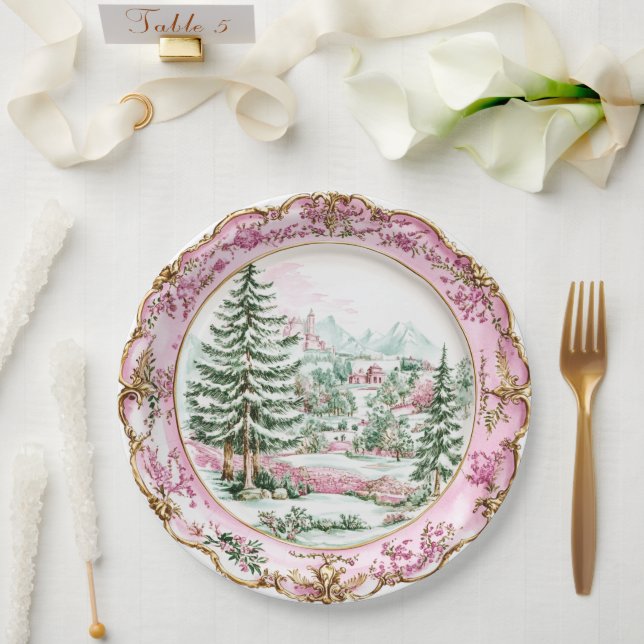 Elegant Pink Rococo Holiday Dining  Paper Plate (Wedding)