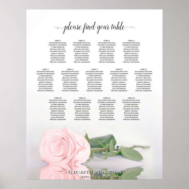 Elegant Pink Rose 13 Table Wedding Seating Chart (Front)