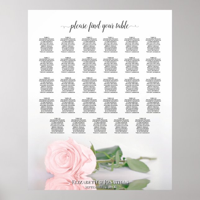 Elegant Pink Rose 29 Table Wedding Seating Chart (Front)