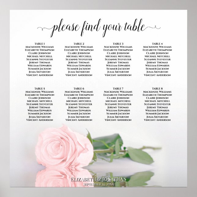 Elegant Pink Rose 8 Table Wedding Seating Chart (Front)