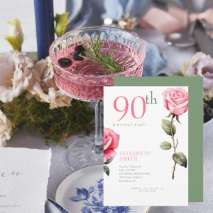 Elegant Pink Rose 90th Birthday Party II Invitation
