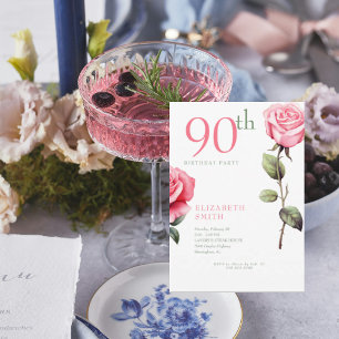 Elegant Pink Rose 90th Birthday Party III Invitation