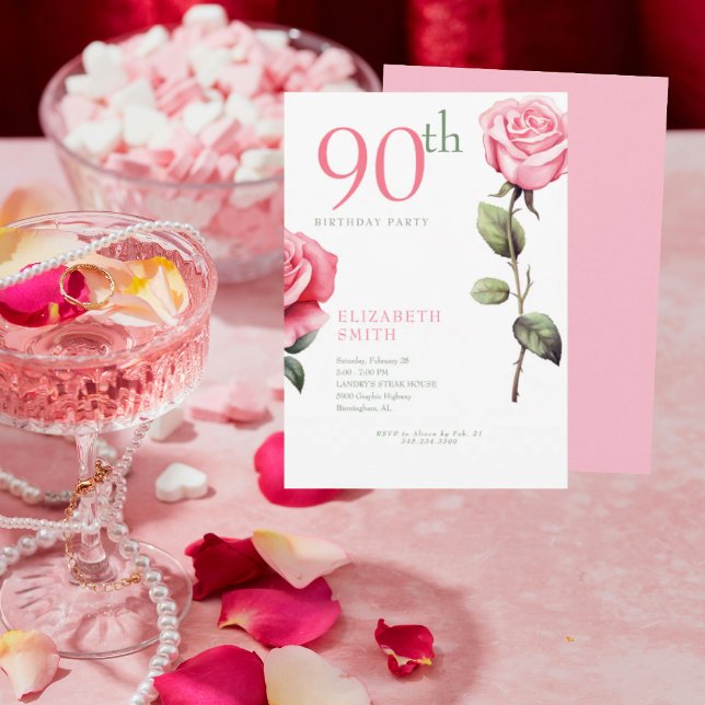 Elegant Pink Rose 90th Birthday Party Invitation (Creator Uploaded)