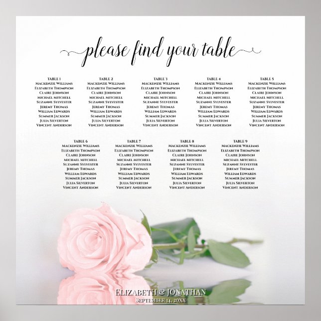 Elegant Pink Rose 9 Table Wedding Seating Chart (Front)