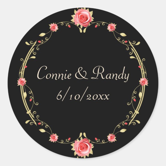 Elegant Pink Rose and Black Wedding Sticker (Front)