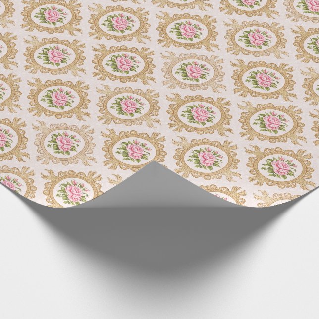 Elegant Pink Rose and Gold Baroque Frame Wrapping Paper (Corner)