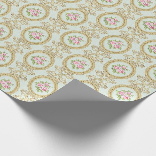 Elegant Pink Rose and Gold Baroque Frame Wrapping Paper (Corner)