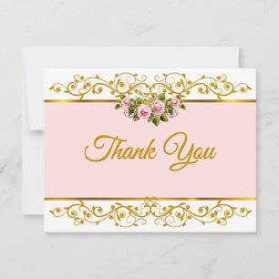 Elegant Pink Rose and Gold Floral Thank You Card