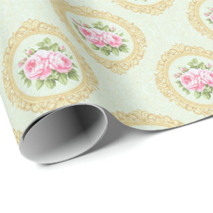 Elegant Pink Rose and Gold Frame Wrapping Paper
