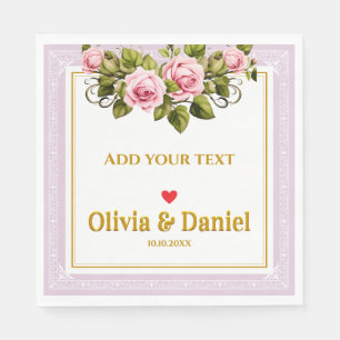 Elegant Pink Rose and Gold Script Wedding Napkin