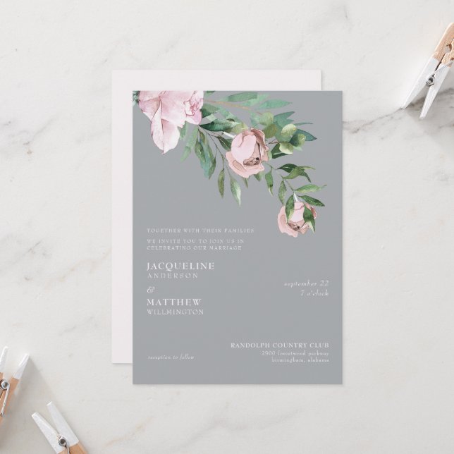 Elegant Pink Rose and Grey Together With Wedding  Invitation (Front/Back In Situ)