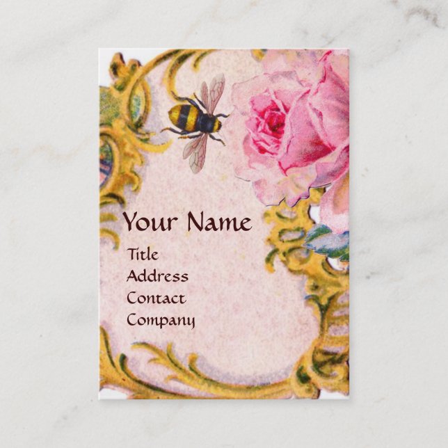 ELEGANT PINK ROSE AND HONEY BEE BEEKEEPER MONOGRAM BUSINESS CARD (Front)