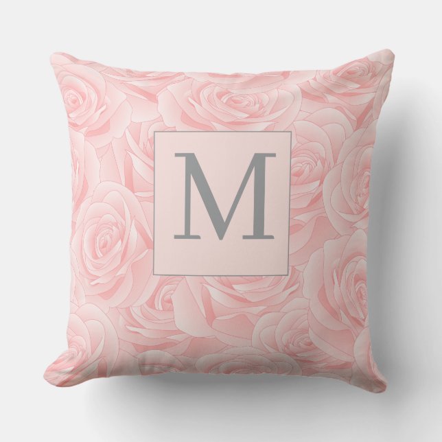 Elegant Pink Rose and Monogram Initial  Cushion (Front)