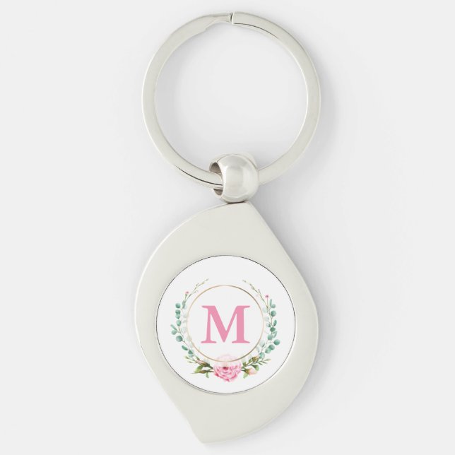 Elegant Pink Rose and Monogram with Floral Wreath Key Ring (Front)