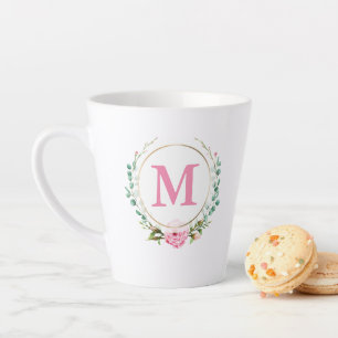 Elegant Pink Rose and Monogram with Floral Wreath Latte Mug