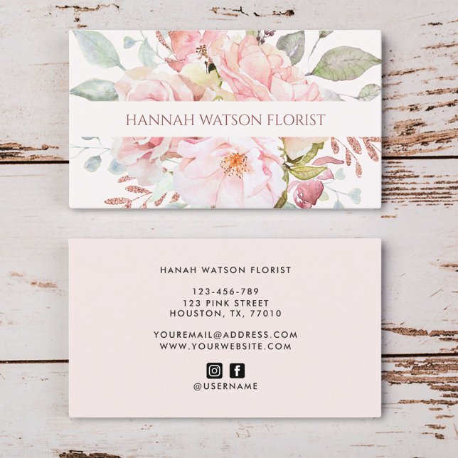 Elegant Pink Rose and Peony Floral Bouquet  Business Card (Front and Back)