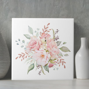 Elegant Pink Rose and Peony Floral Bouquet Ceramic Tile