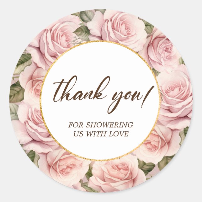 Elegant Pink Rose Baby Shower Classic Round Sticker (Front)
