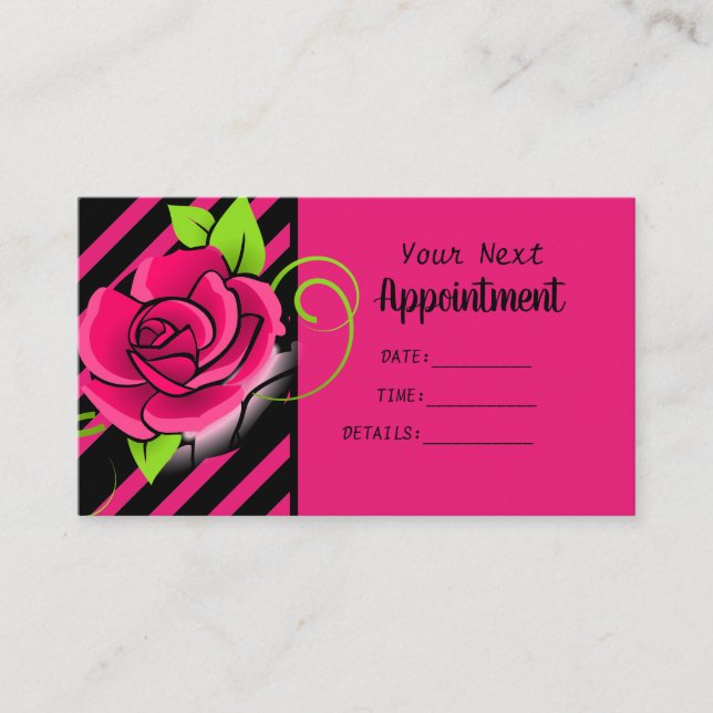 Elegant Pink Rose Black & Hot Pink Striped Salon Appointment Card (Front)