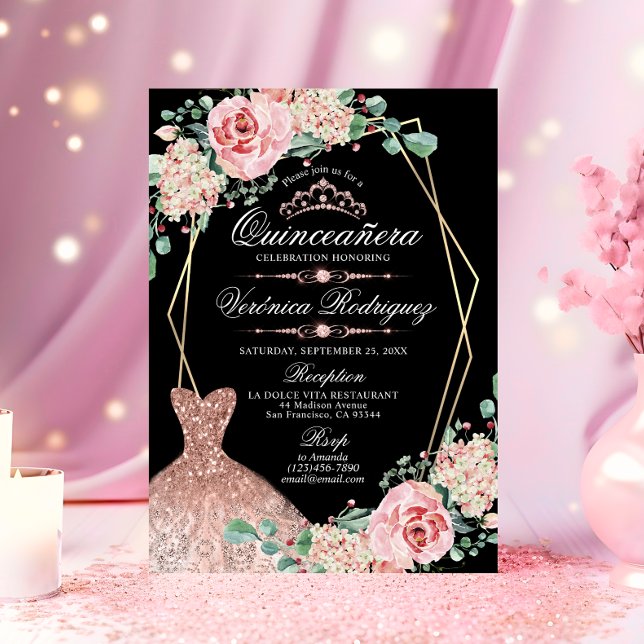 Elegant Pink Rose Black Quinceañera Quince Tiara Invitation (Elegant Pink Rose Black Quinceañera Quince Tiara Invitation)