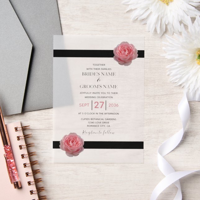 Elegant Pink Rose Black Ribbon Wedding Invitations (Wedding)