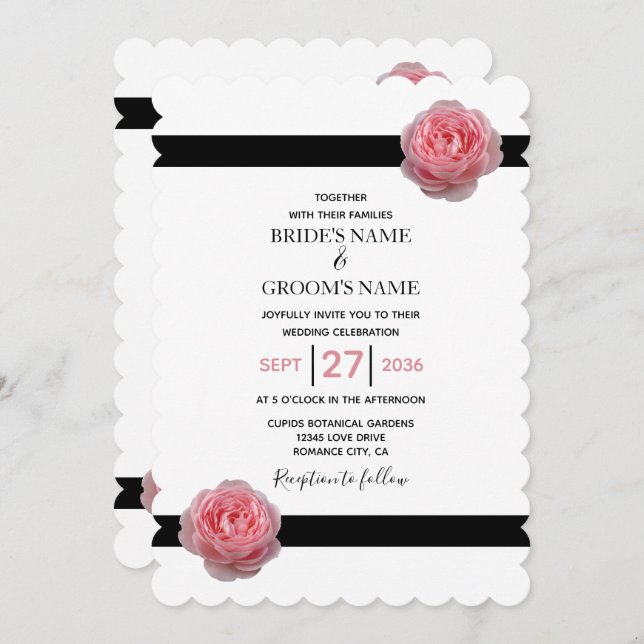 Elegant Pink Rose Black Ribbon Wedding Invitations (Front/Back)