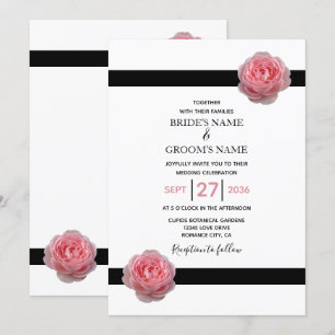 Elegant Pink Rose Black Ribbon Wedding Invitations