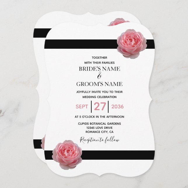 Elegant Pink Rose Black Ribbon Wedding Invitations (Front/Back)